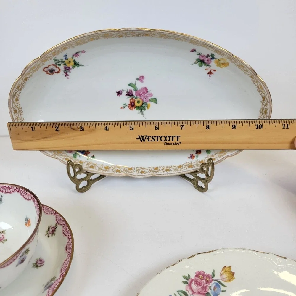 Vtg 4 Pc Mixed Lot Bavarian Porcelain Floral Gild Tea Cup Saucer Oval Dish Plate